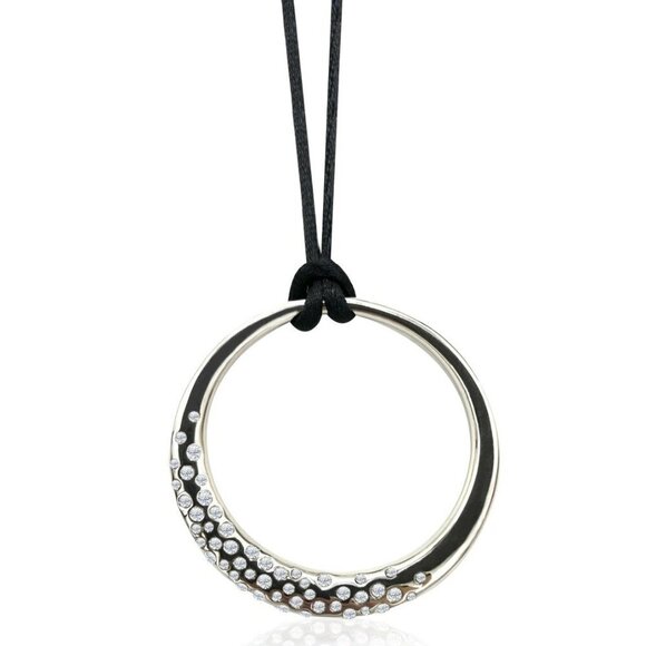 Swarovski Crystal Circle Pendant Necklace Sterling Silver Overlay & Black Cord - Picture 3 of 8